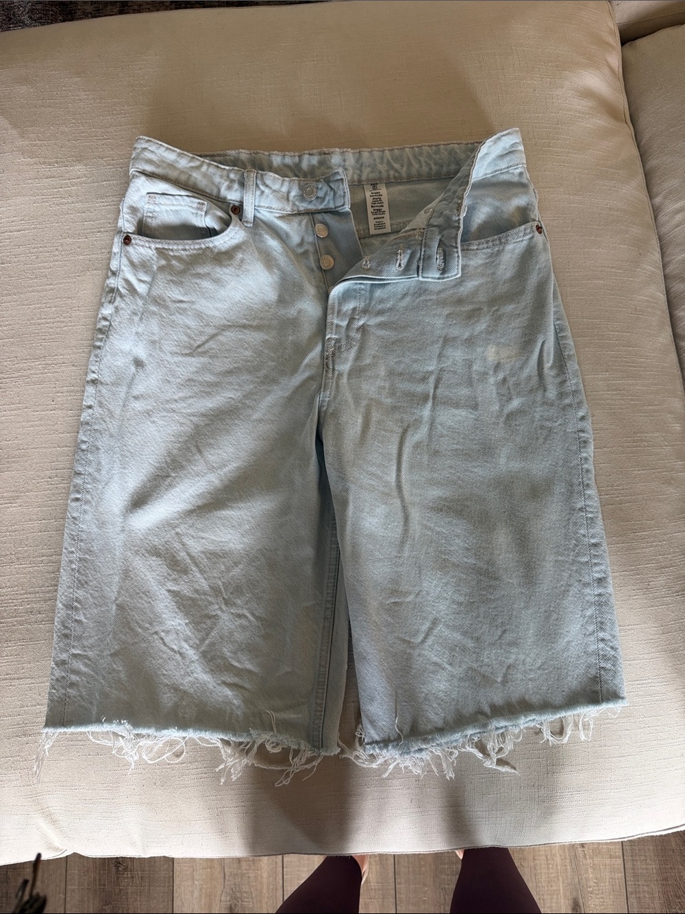 Light Wash Frayed Hem Denim Bermuda Shorts